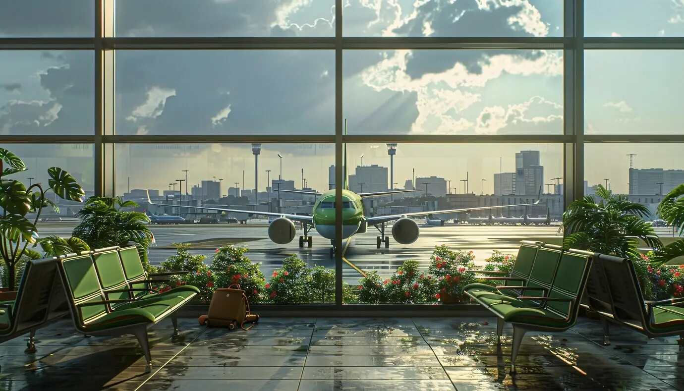 Grünes Flugzeug in einer umweltfreundlichen Umgebung