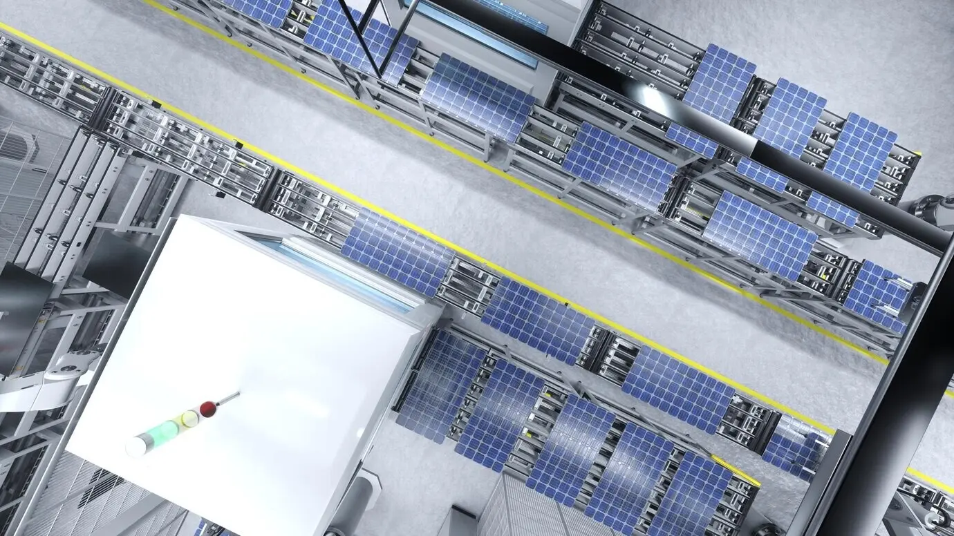 3D-Illustration einer Luftansicht von Photovoltaik in einem umweltfreundlichen Lagerhaus.