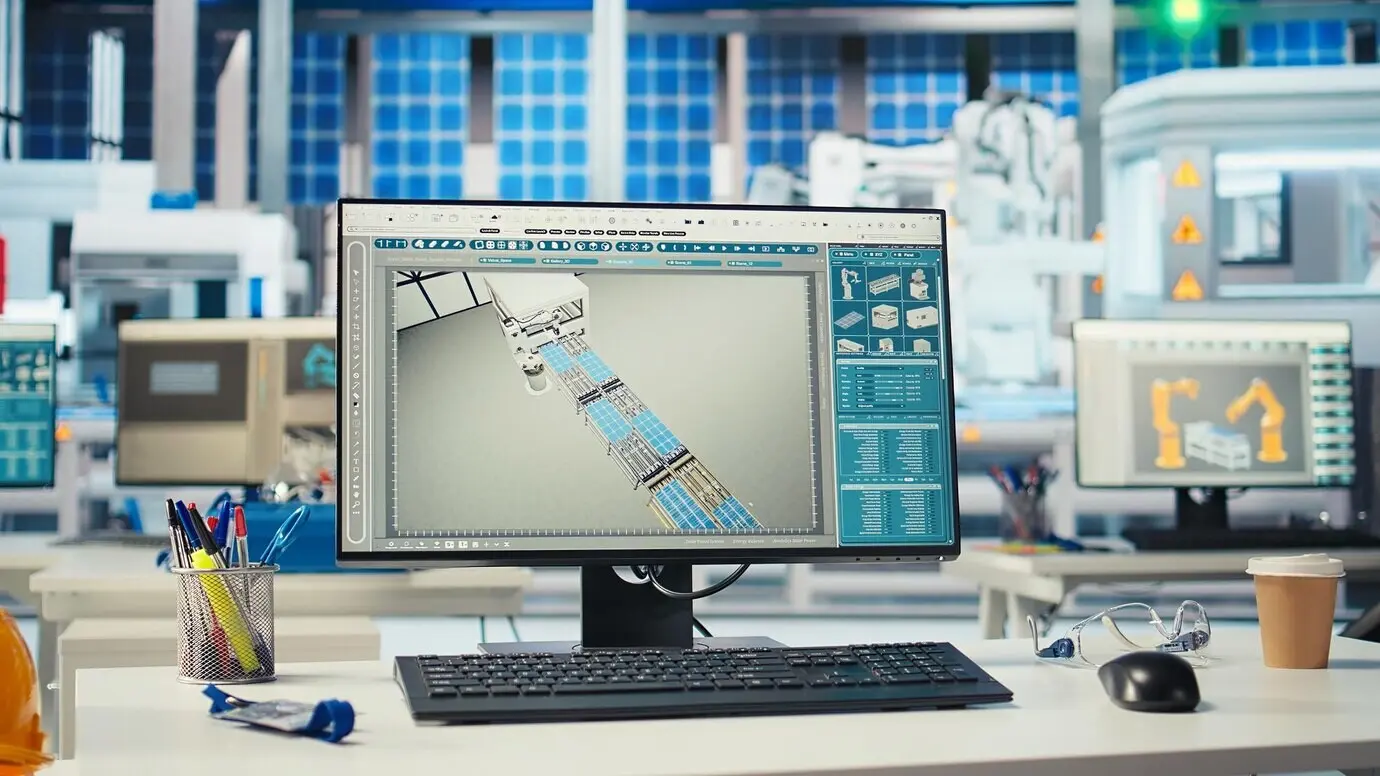PC in einer Photovoltaikfabrik zur Überwachung der Leistung von Roboterarmen.