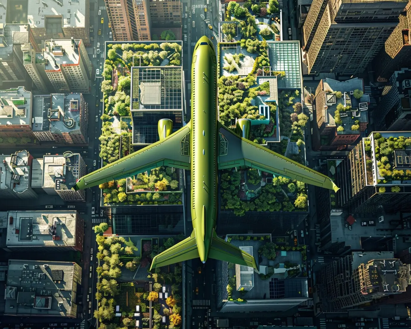 Ein grünes Flugzeug in einer umweltfreundlichen Umgebung