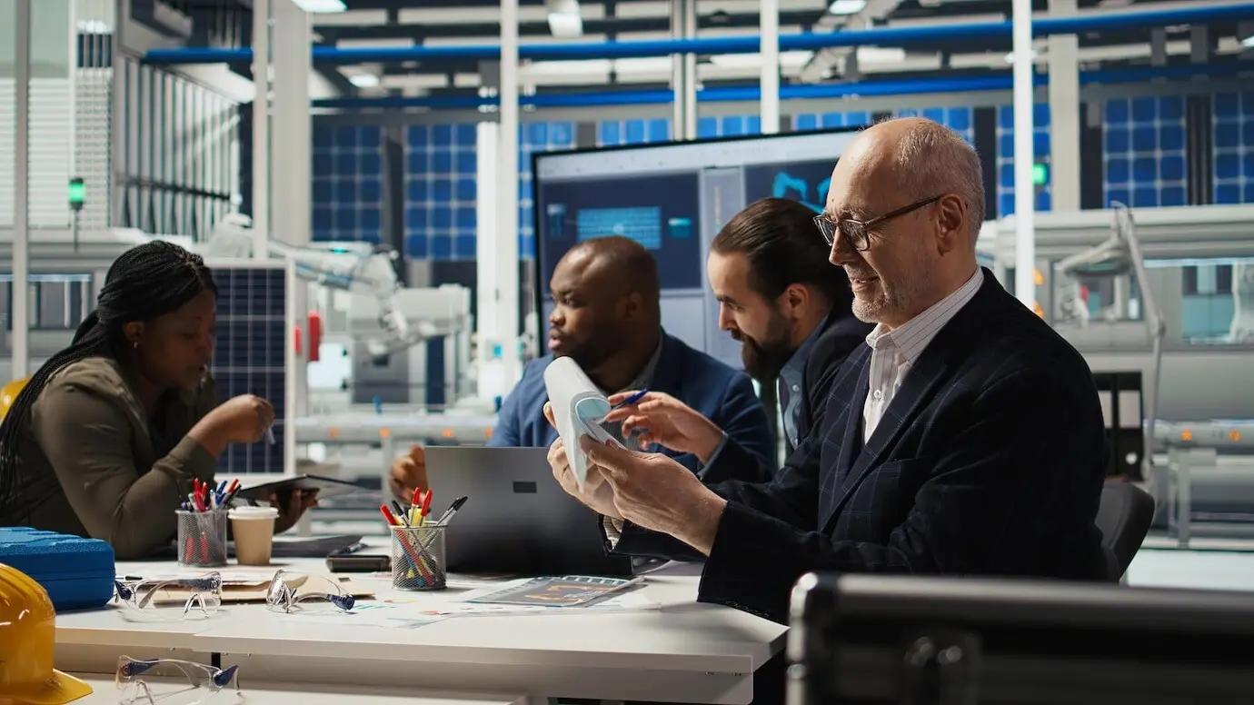 Das Team der Nachhaltigkeitsabteilung stellt Berichte zu den Emissionen eines Solarmodulwerks zusammen.